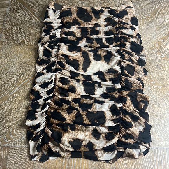 GANNI Women's Brown Ruched Leopard-print Mesh Skirt 40 - Picture 12 of 12